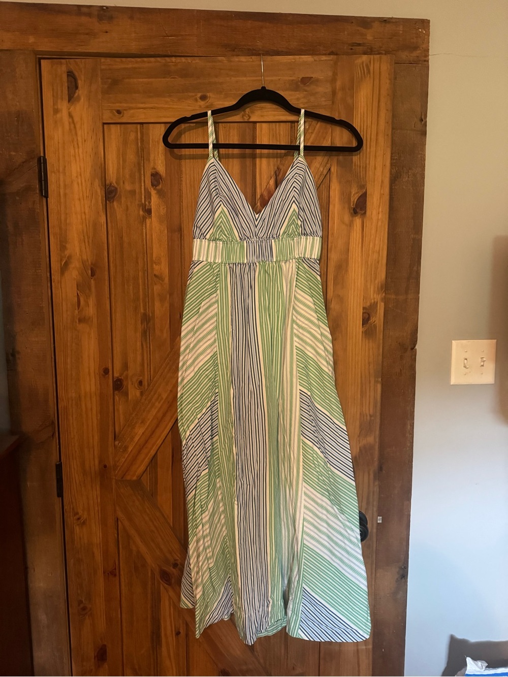 Striped Green and White Spaghetti-Strap Maxi Dress